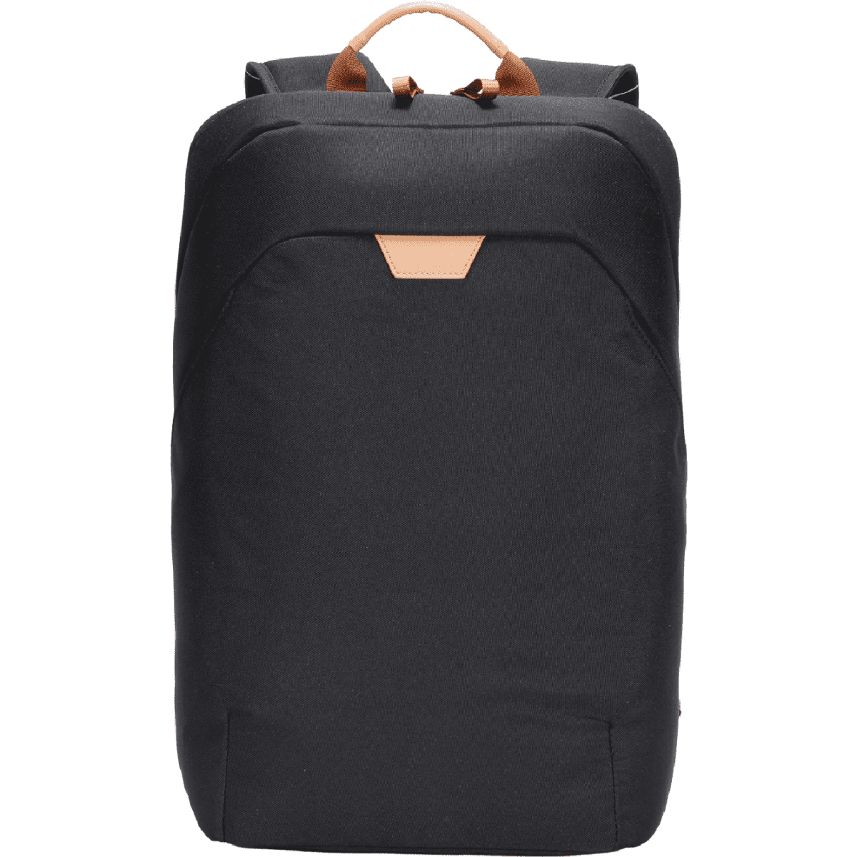 A black backpack with a structured design and a tan leather accent at the top, featuring a subtle logo.