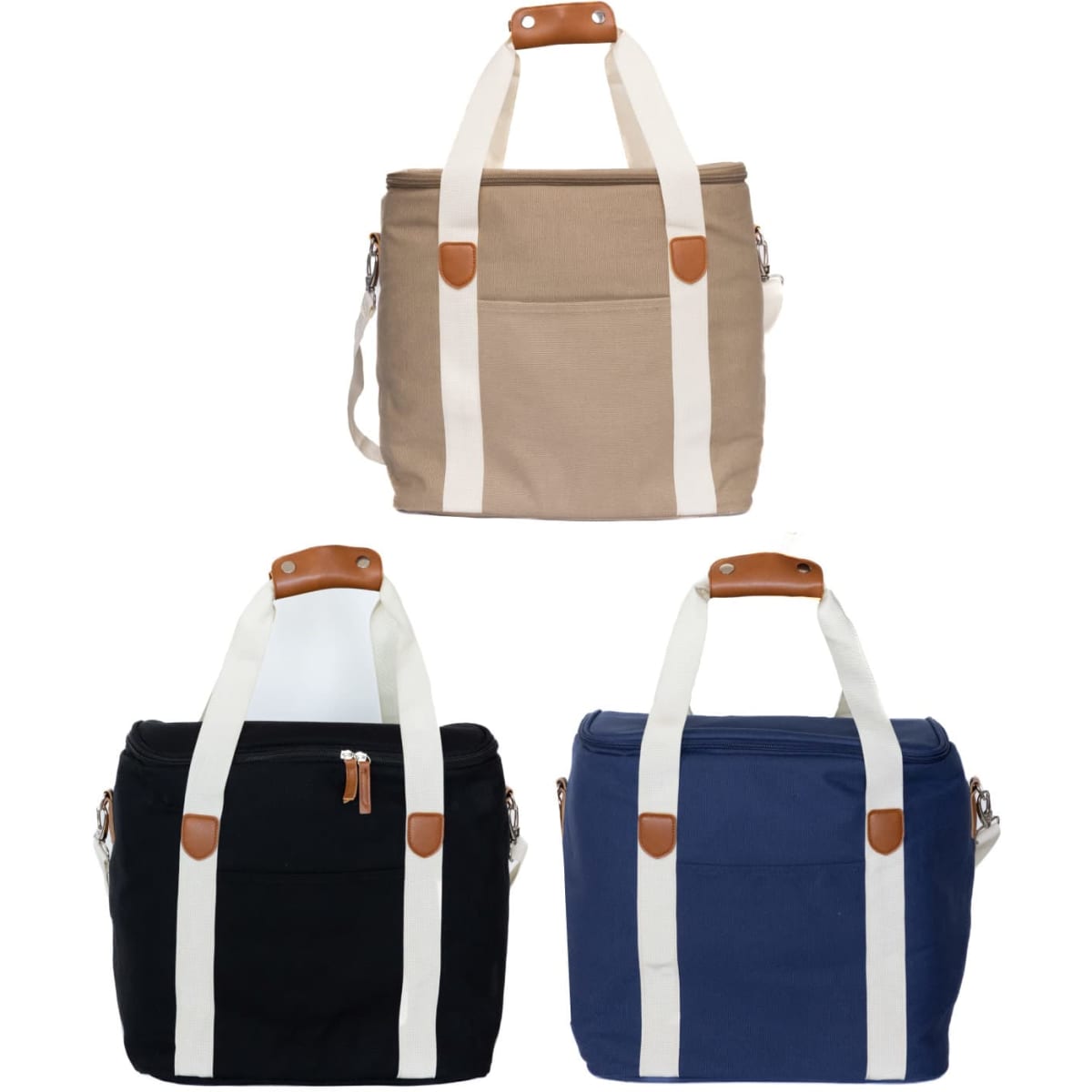 A cooler bag in three colours: beige, black, and navy, featuring dual carry handles and a logo.