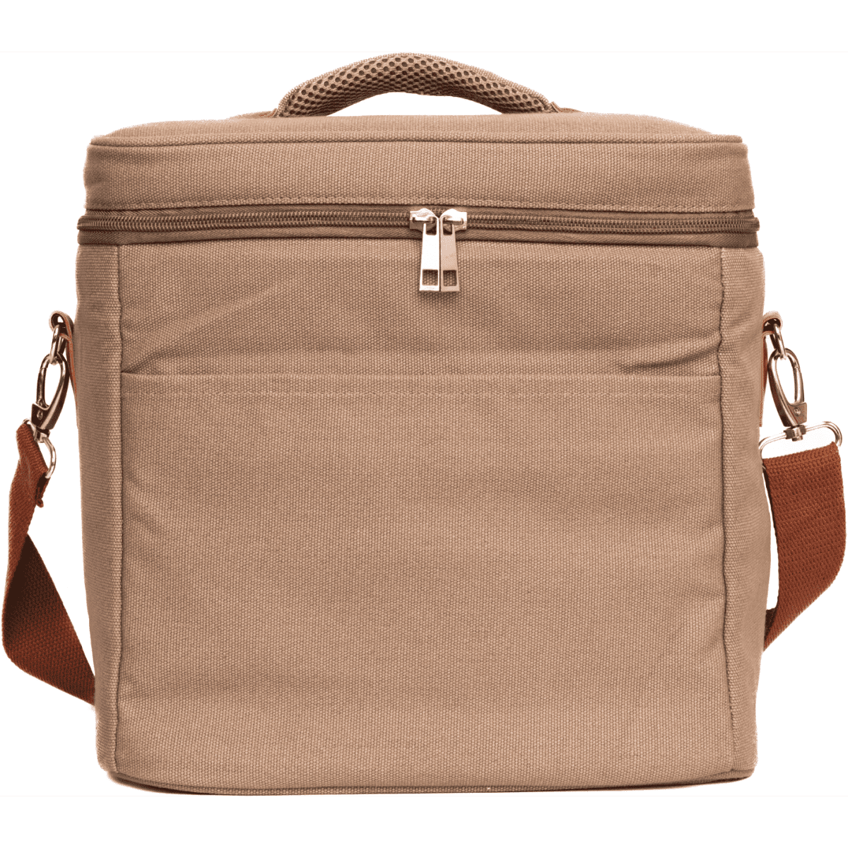 A tan cooler bag with a zippered front and a brown adjustable strap, featuring a logo on the front.