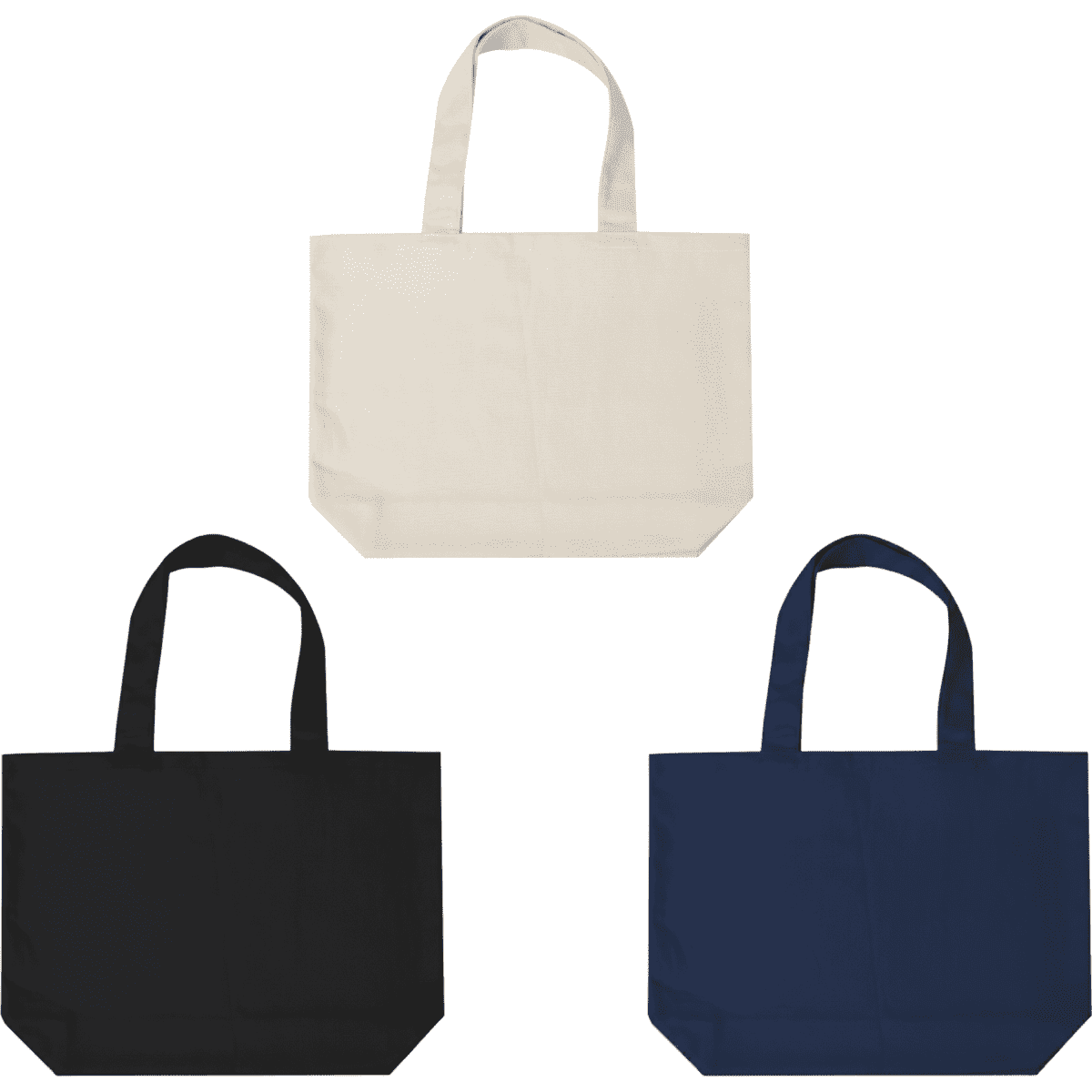 A collection of three tote bags in cream, black, and navy, each featuring handles and a logo.