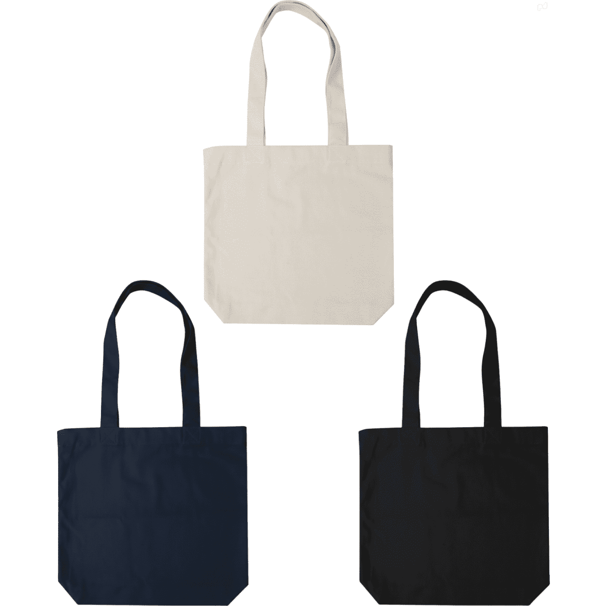Classic tote bags in cream, navy, and black, featuring sturdy handles and a simple design. Each bag has a logo.