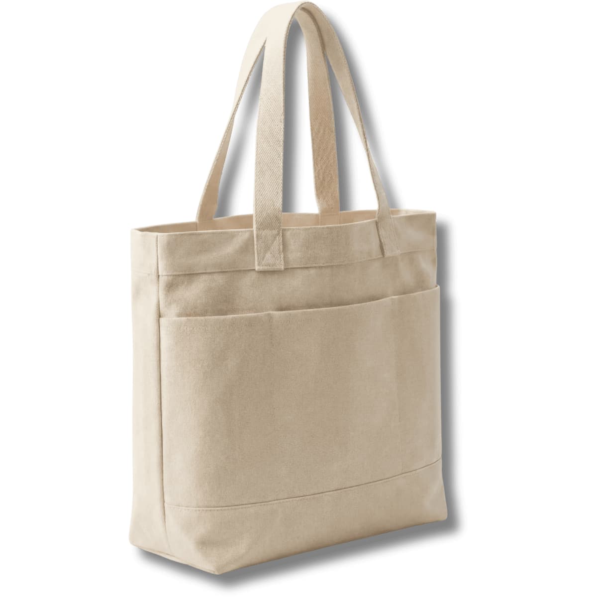 A cream tote bag featuring three pockets and two sturdy handles, with options in black and navy.