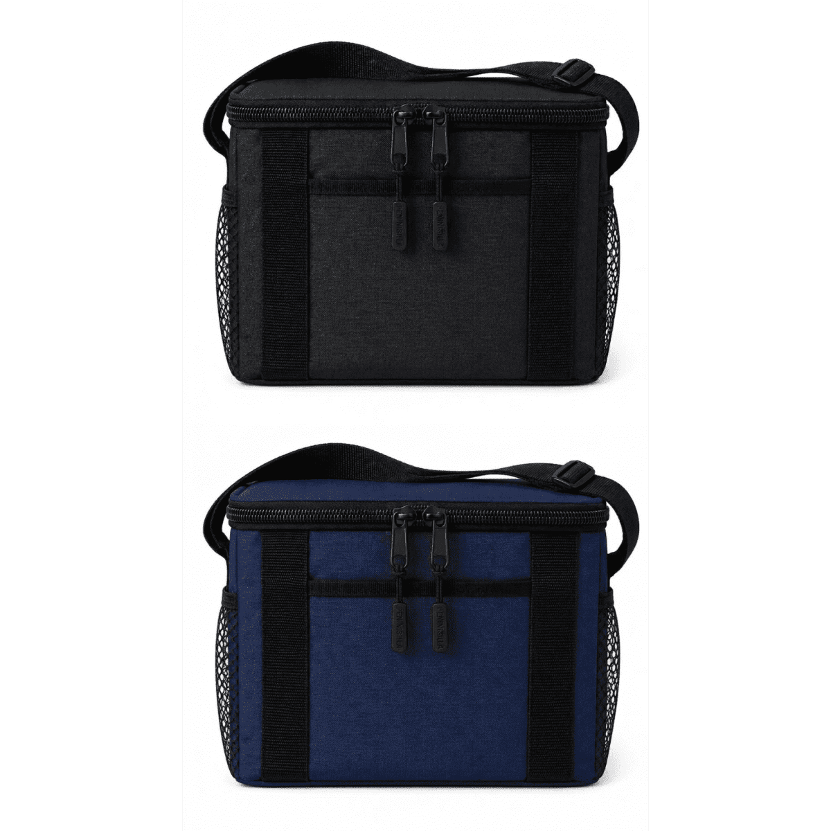 A cooler bag in black and navy, featuring a zip closure and mesh side pockets, with an adjustable strap.