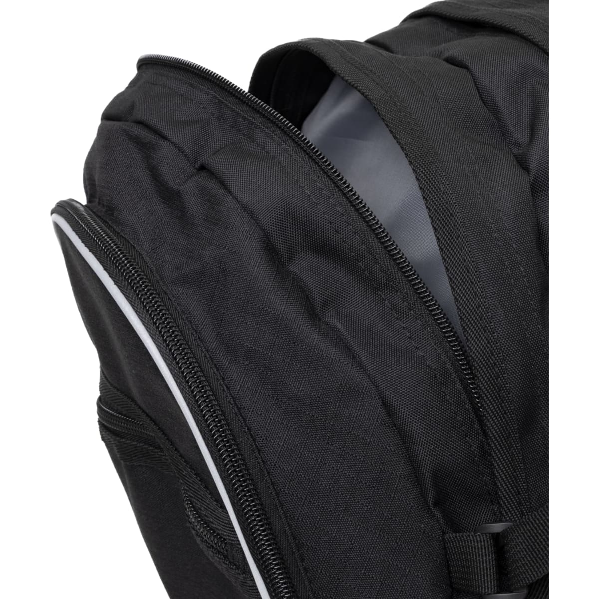 A black backpack featuring dual zippered compartments and a sleek design. It has an additional branded logo.