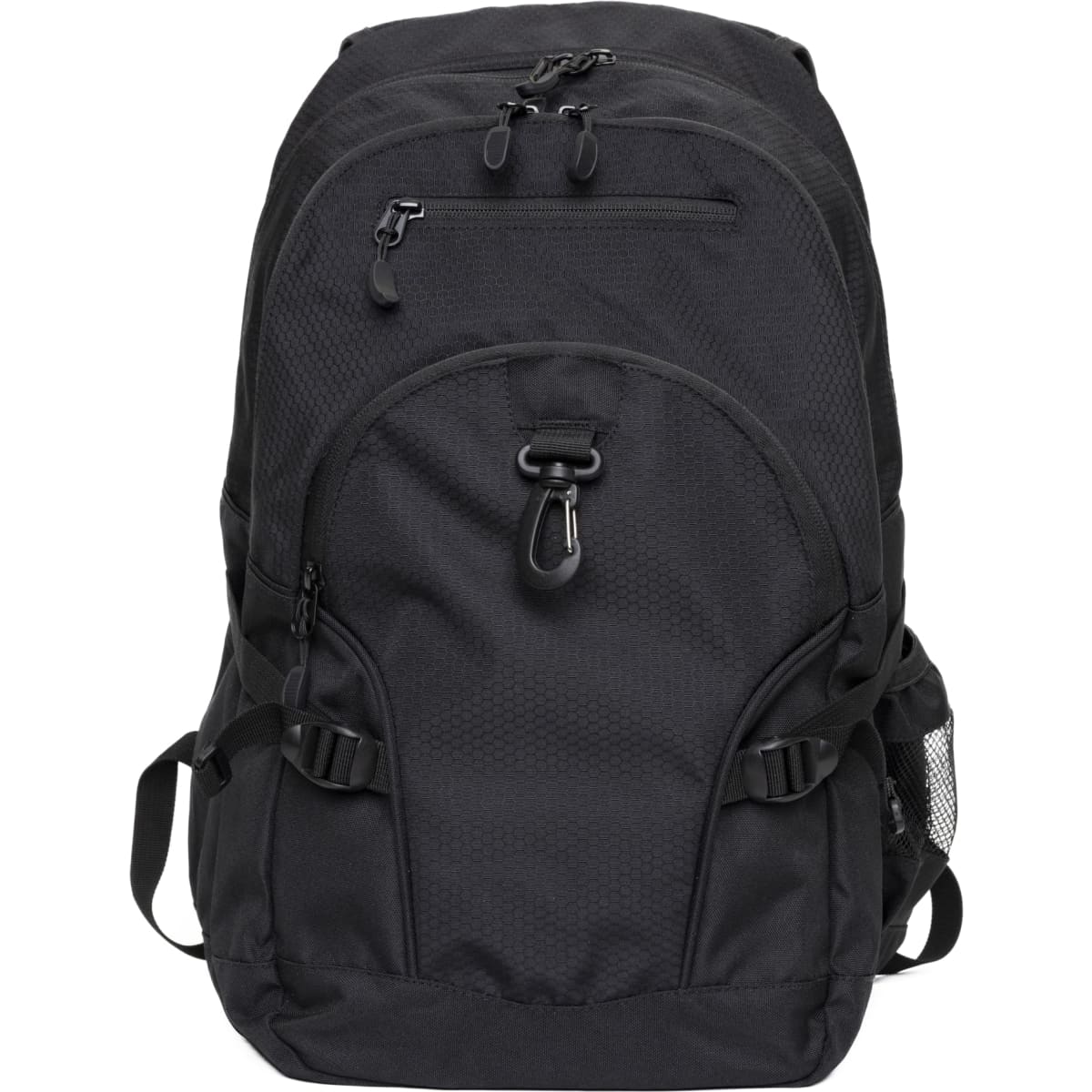 A black backpack with multiple zippered compartments and adjustable straps, featuring a logo on the front.