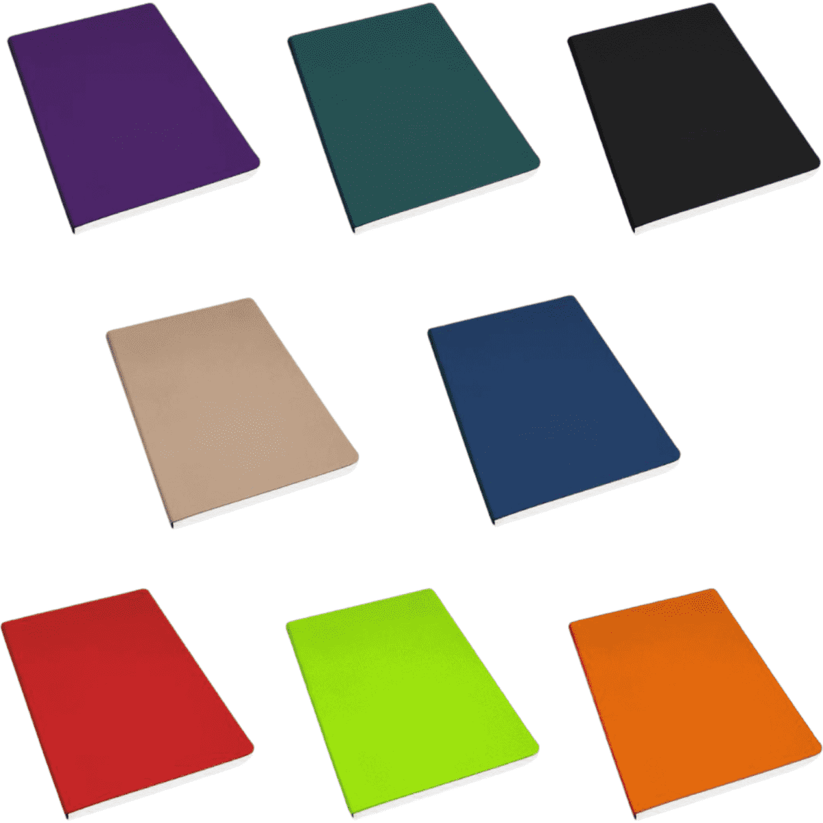 A collection of A5 notebooks in various colours: purple, teal, black, beige, navy, red, green, and orange. Each notebook has a smooth cover and a logo.