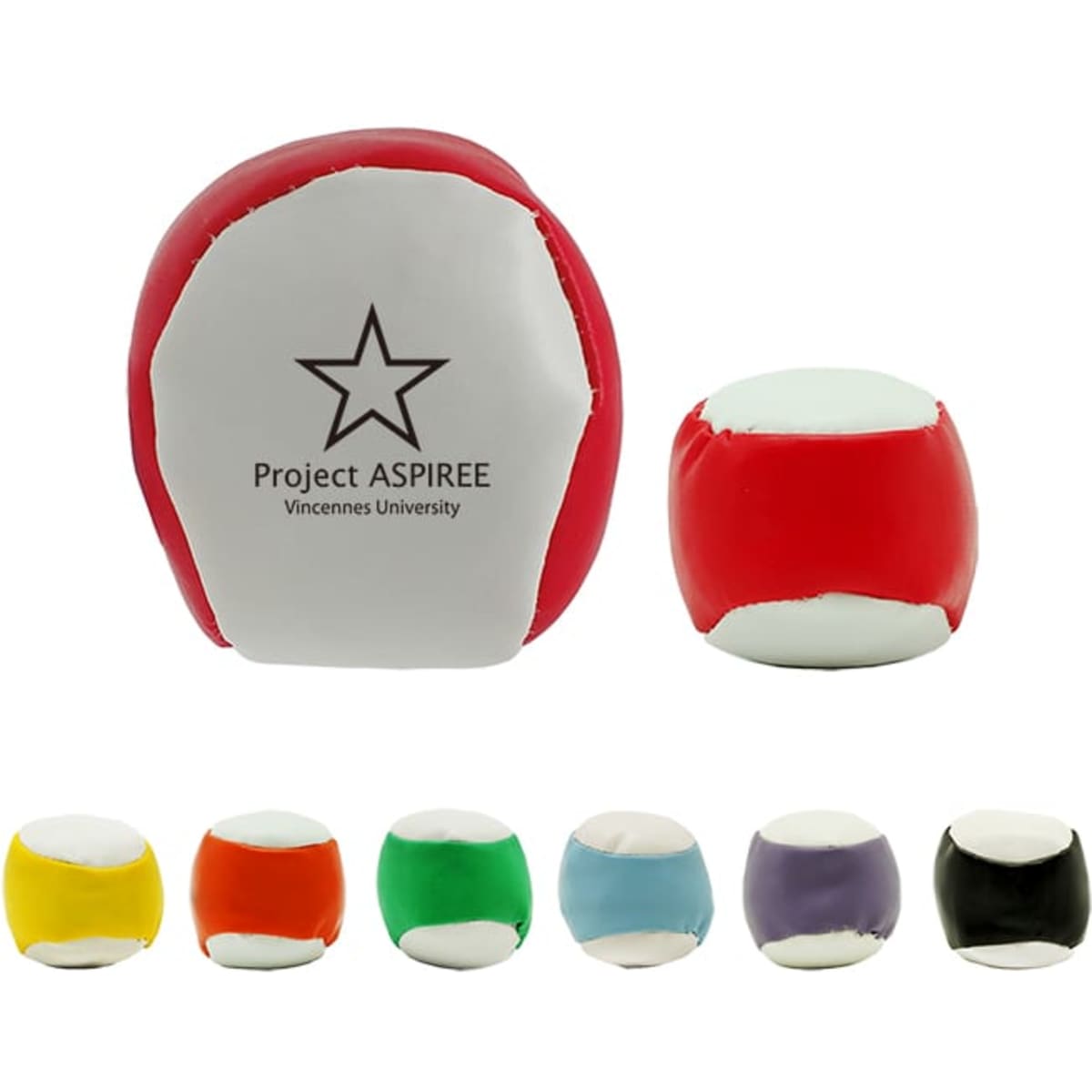 A collection of colourful hacky sacks in various colours, including red, yellow, green, purple, and black, with a logo.