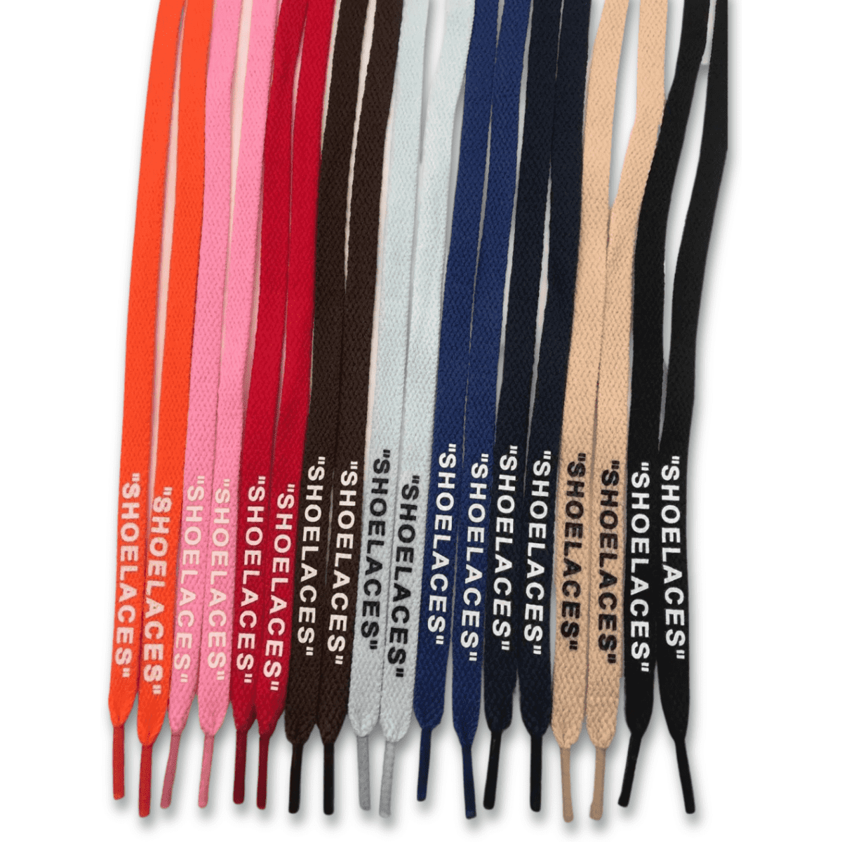 A variety of printed shoelaces in multiple colours, featuring a logo on each lace.