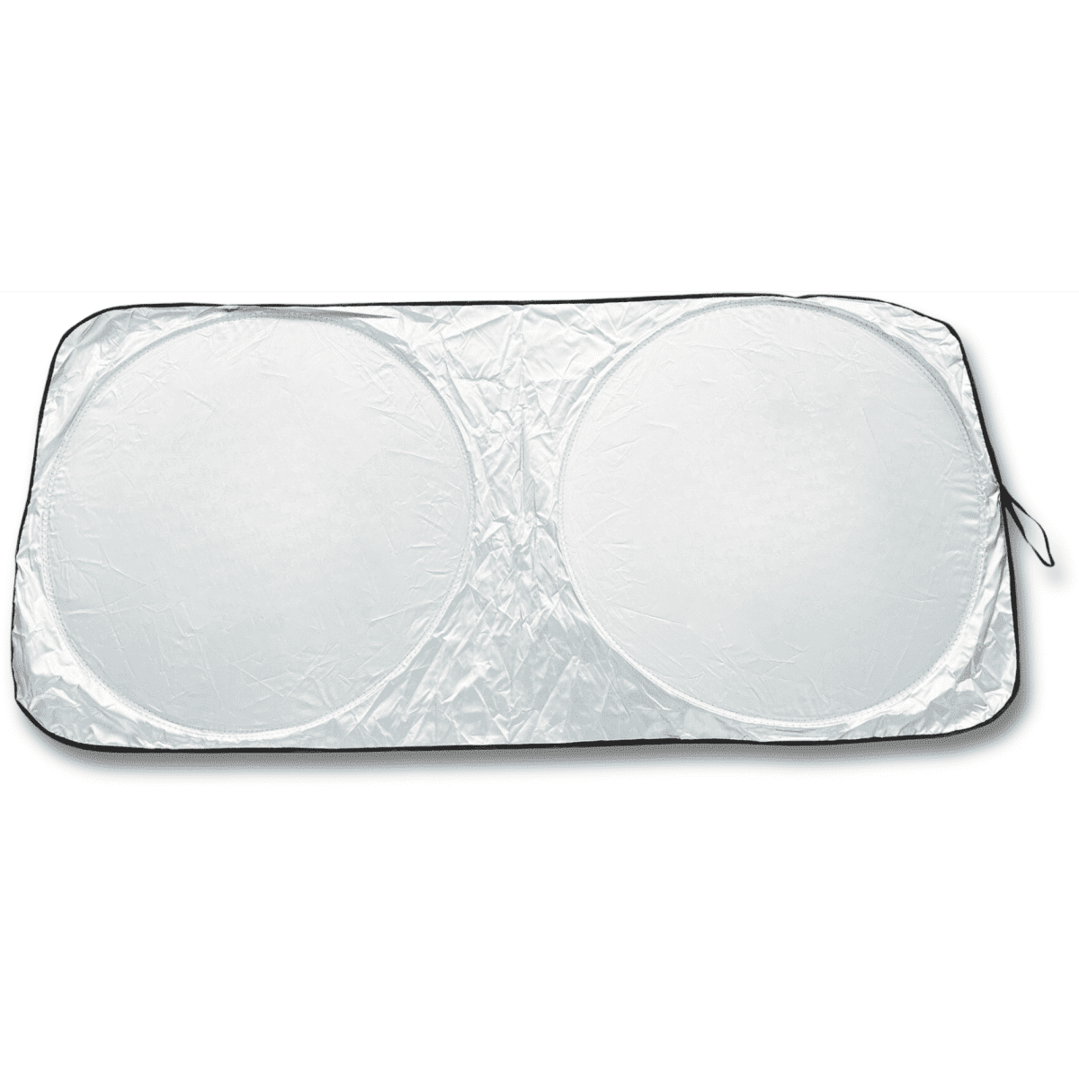 A foldable car sun visor in silver, featuring two circular reflective surfaces and a zippered carrying case.