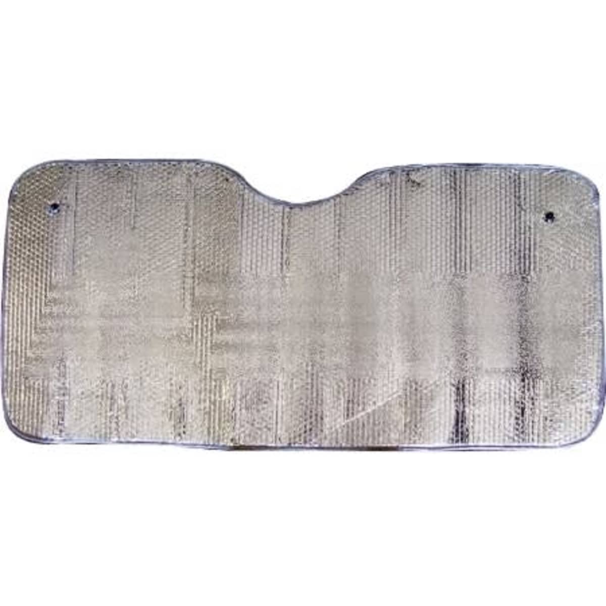 A foldable car sunshade in silver with a textured surface, featuring cutouts for rear-view mirrors and a logo.