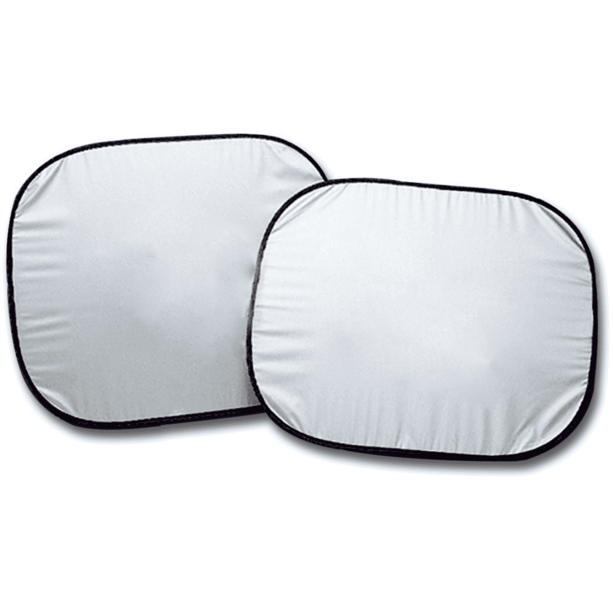 A pair of rectangular car sunshades in white with black trim, designed to block sunlight through side windows.