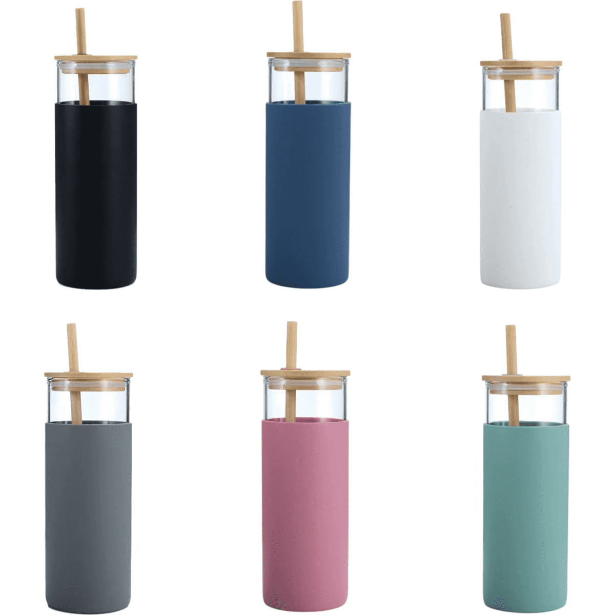 A drink bottle collection featuring six options: black, navy, white, grey, pink, and teal, with wooden lids and straws.