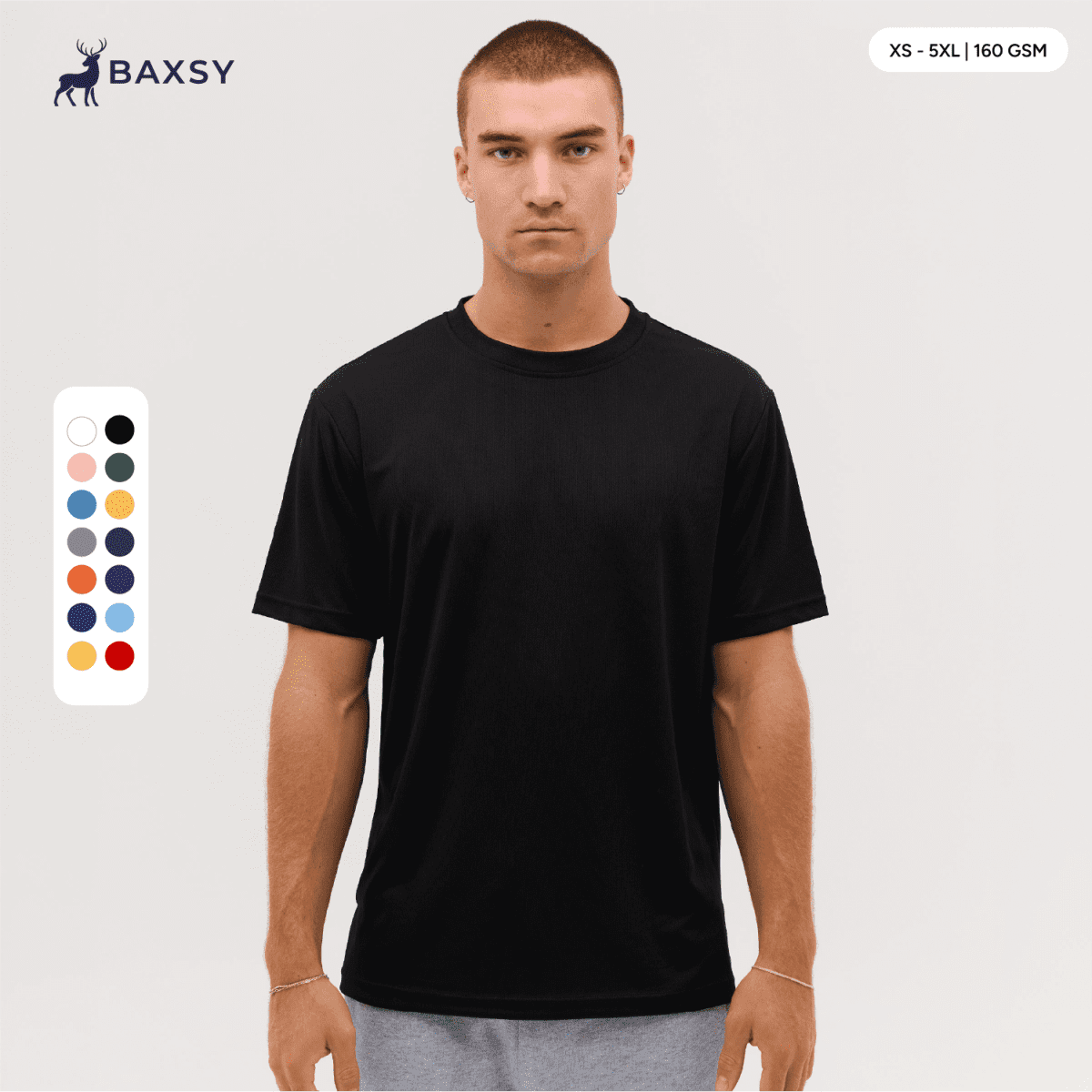 A man wearing a black t-shirt, featuring short sleeves and a relaxed fit, displayed with a colour palette alongside.
