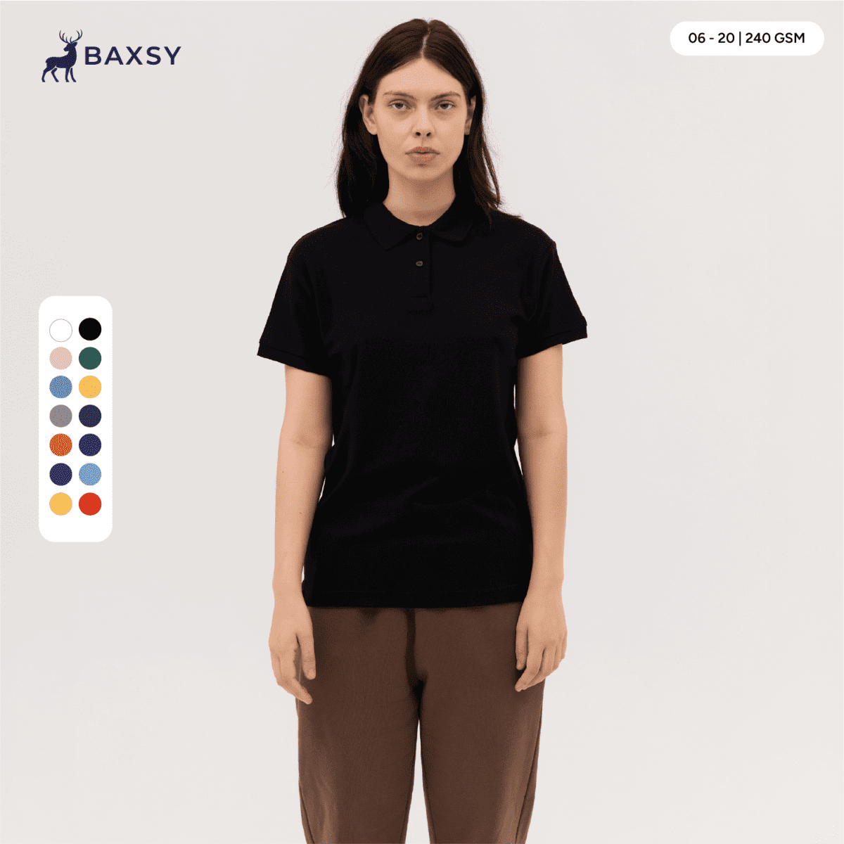 A woman wearing a black polo shirt stands against a neutral background. The shirt features a collar and short sleeves.