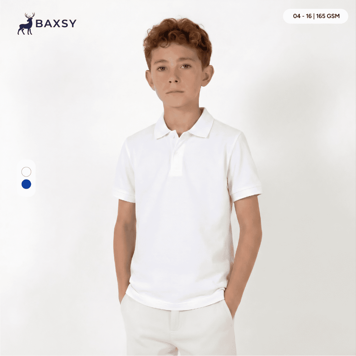A youth white polo shirt featuring a collar and short sleeves, with a logo on the upper left side.