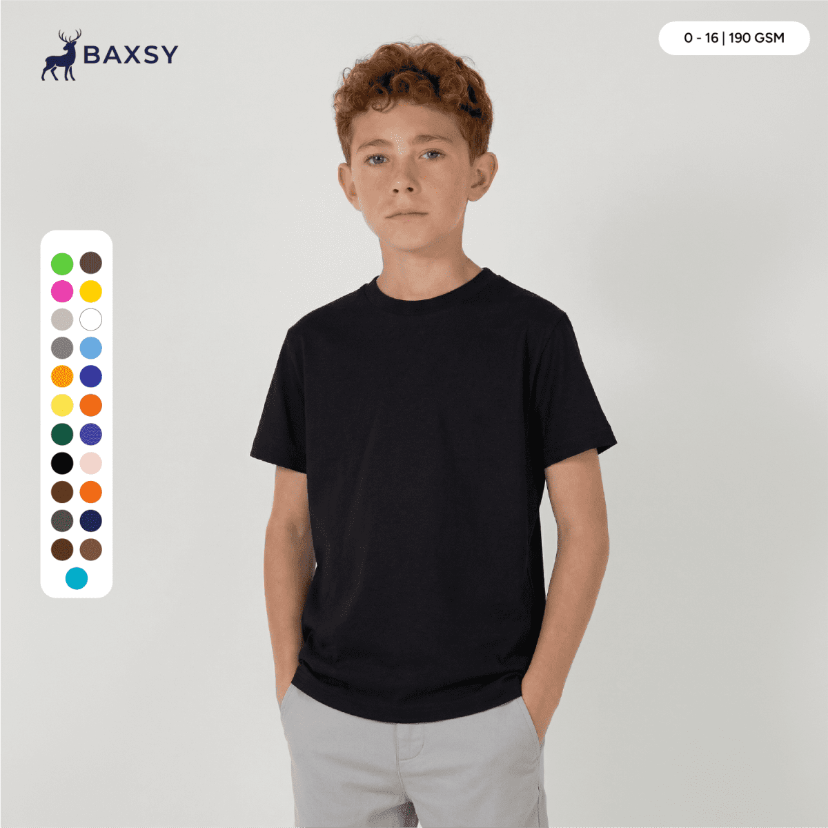 A plain black youth tee displayed on a model, surrounded by a colour palette of various options.