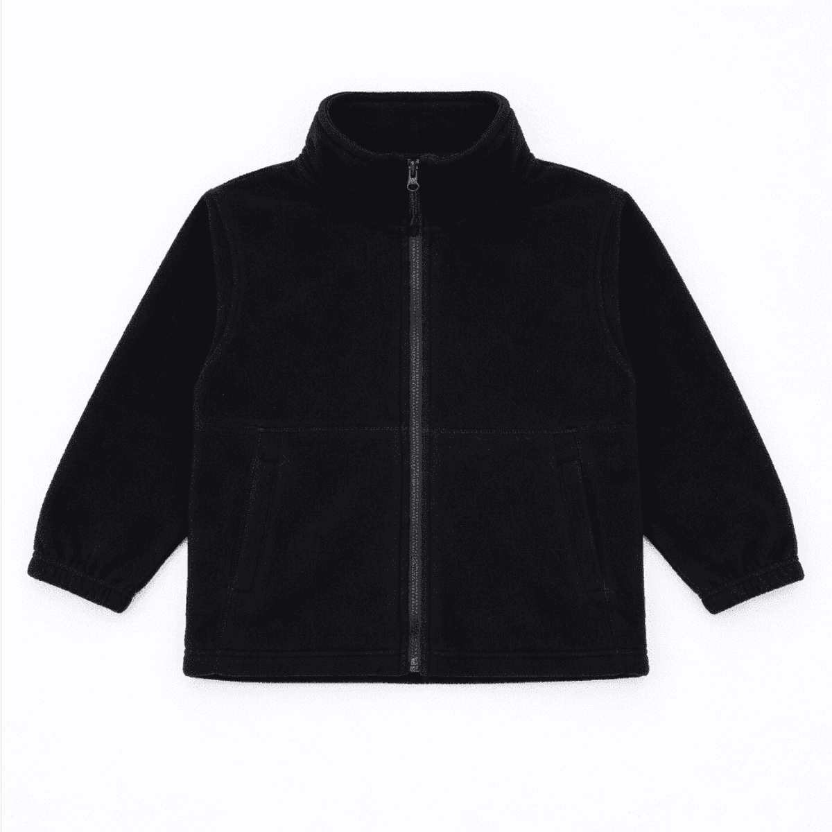 A black polar fleece full zip jacket with a high collar and two front pockets. It features a logo on the chest.