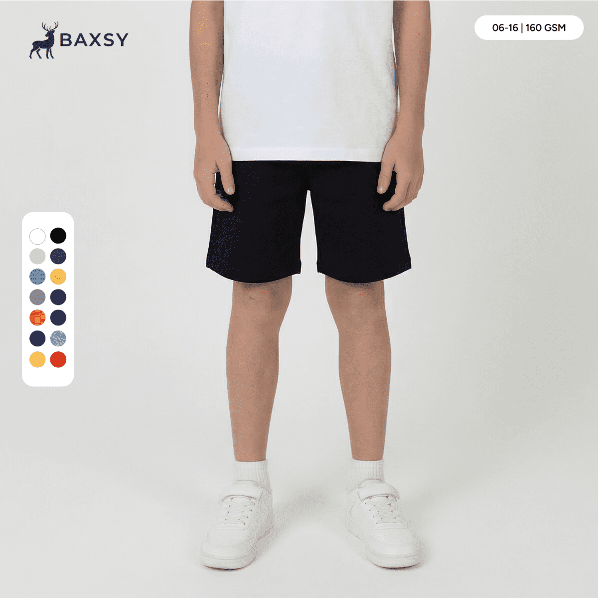 Youth Core Shorts in black, featuring a logo and a colour swatch on the left with various options.