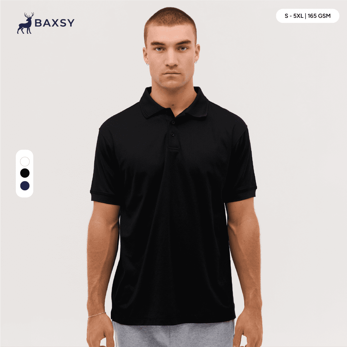 A black polo shirt displayed on a model, featuring a collar and short sleeves. It has a branding logo.