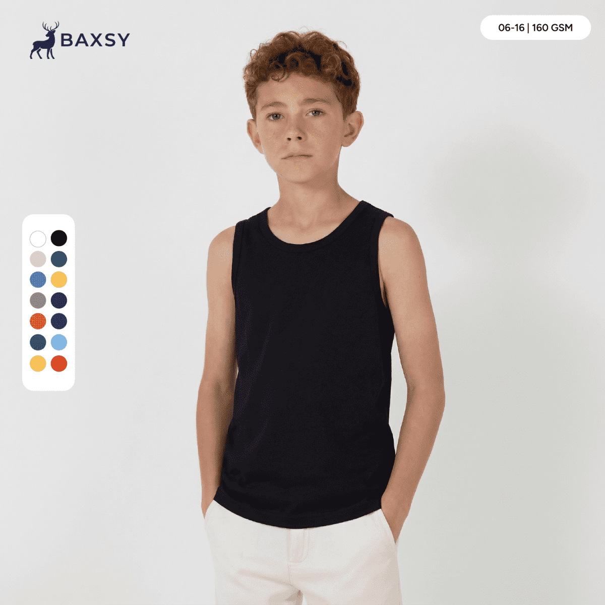 A youth singlet in black, featuring a round neckline and a logo, modelled by a young boy. Available in multiple colours.