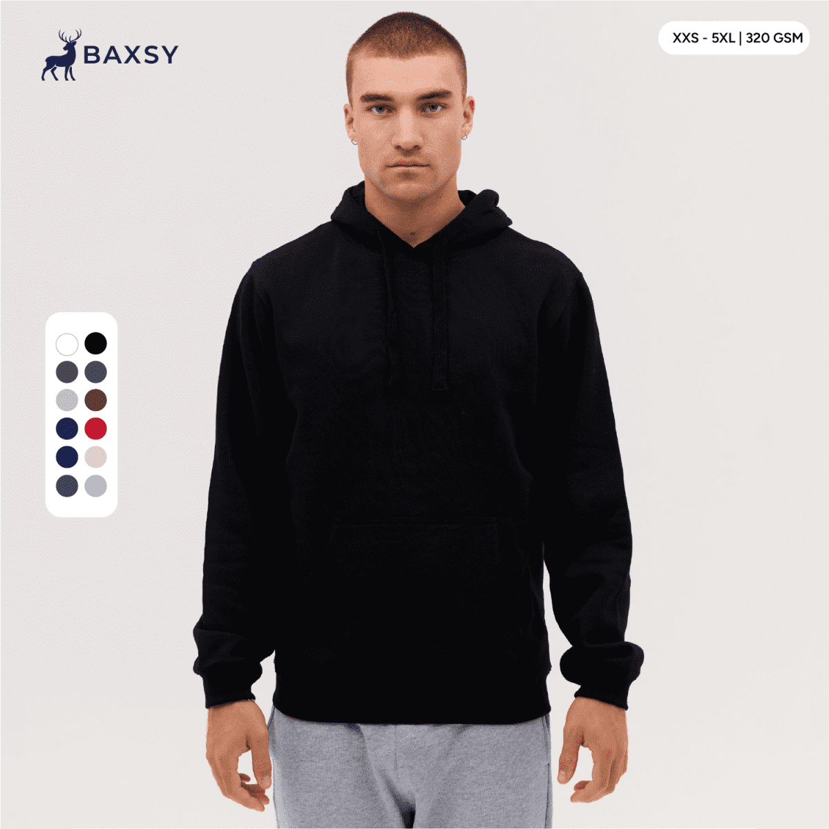 A black hoodie with a drawstring, displayed on a male model, featuring a brand logo. Multiple colour options visible.