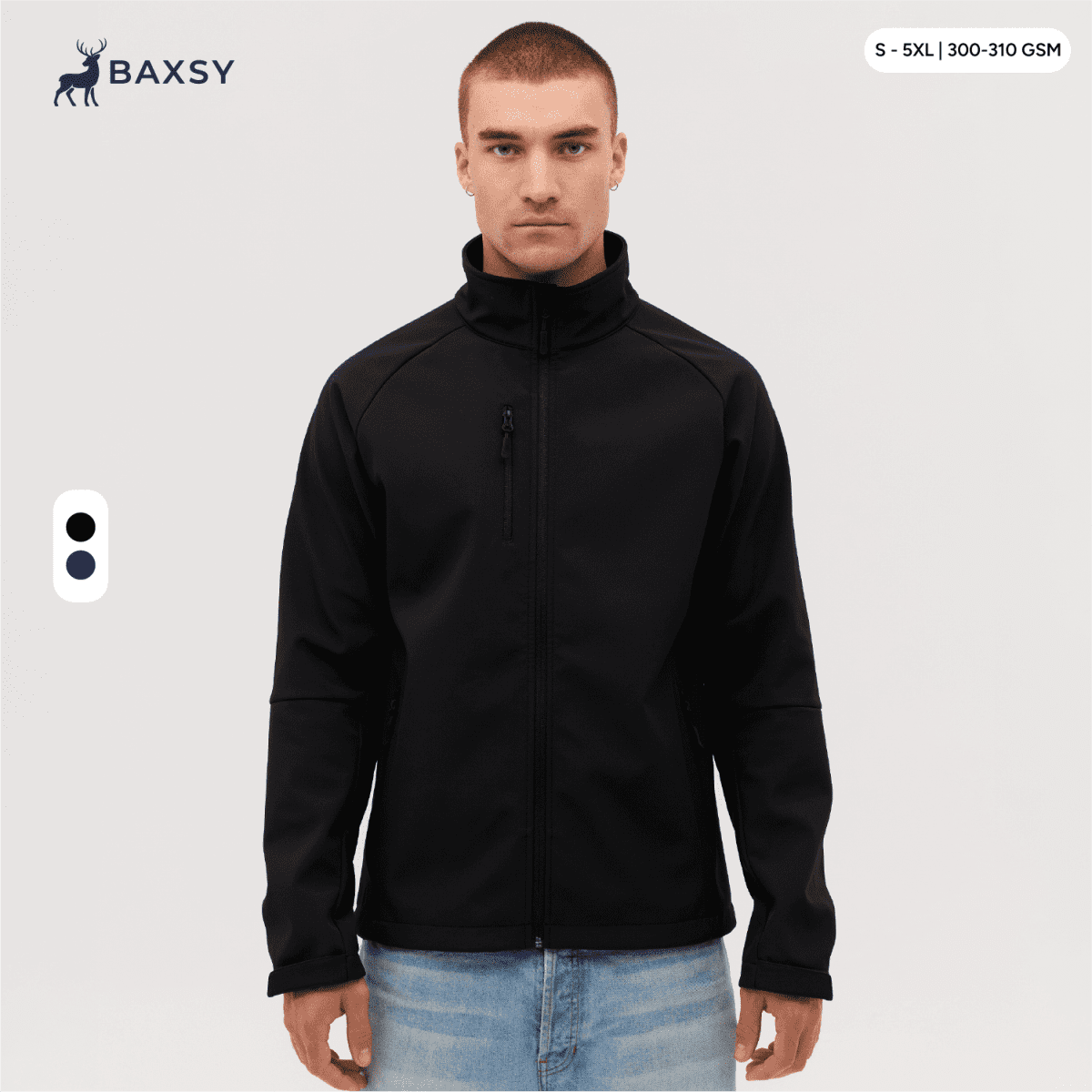 A black softshell jacket with a high collar and zippered pockets, featuring a logo. Suitable for various sizes.