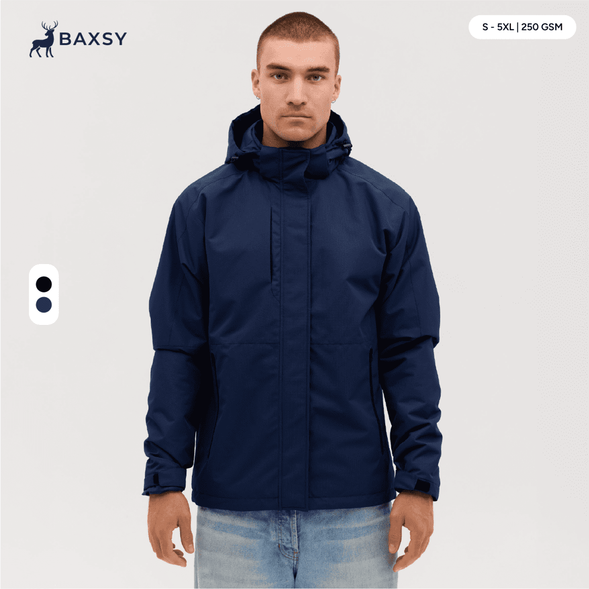 A navy blue utility jacket with a hood, featuring a logo and a front zip.