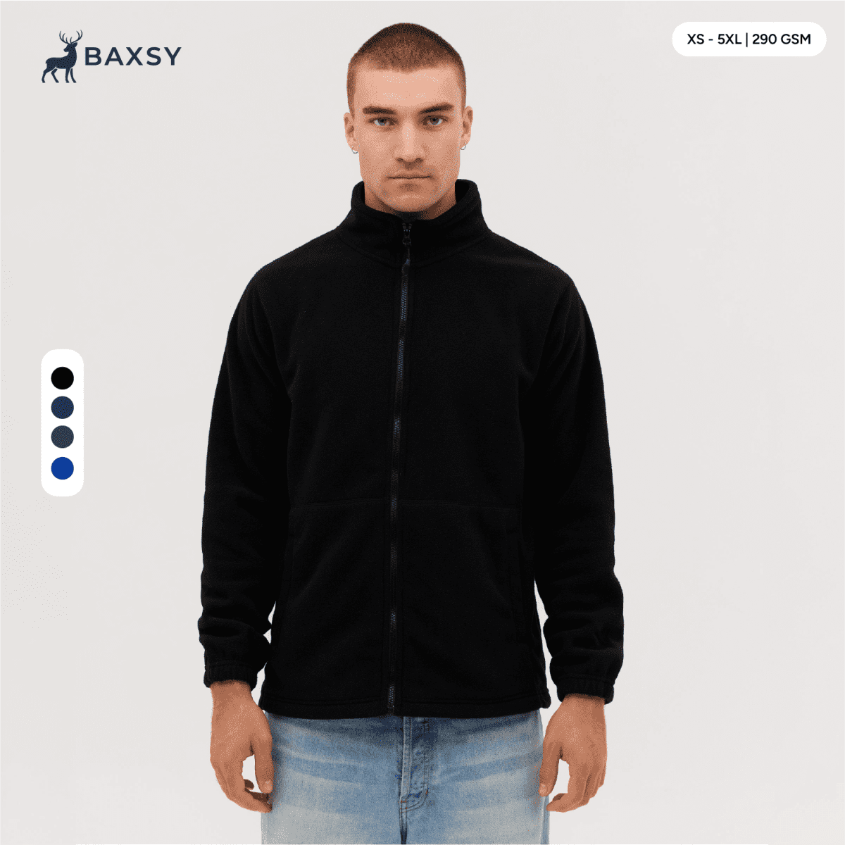 A full zip polar fleece jacket in black, featuring a collar and a relaxed fit, displayed on a model.