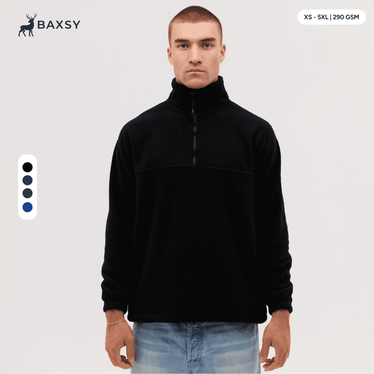 A black polar fleece 1/4 zip jacket displayed on a model, featuring a high collar and a logo.