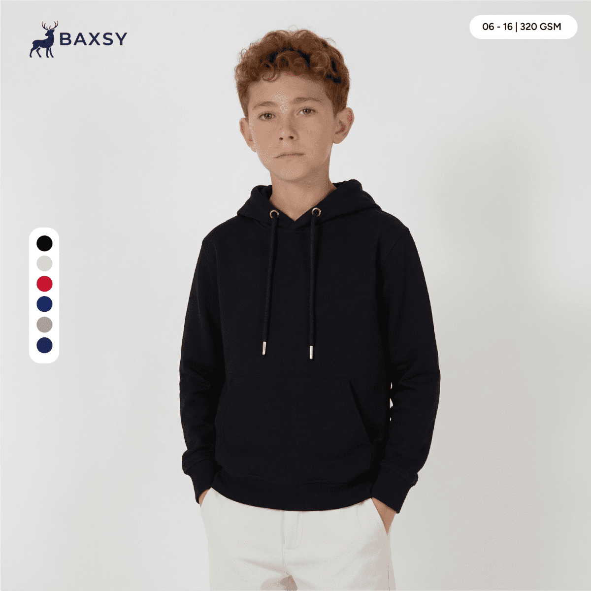 A youth hoodie in black with a drawstring hood, featuring a logo and available in multiple colours.