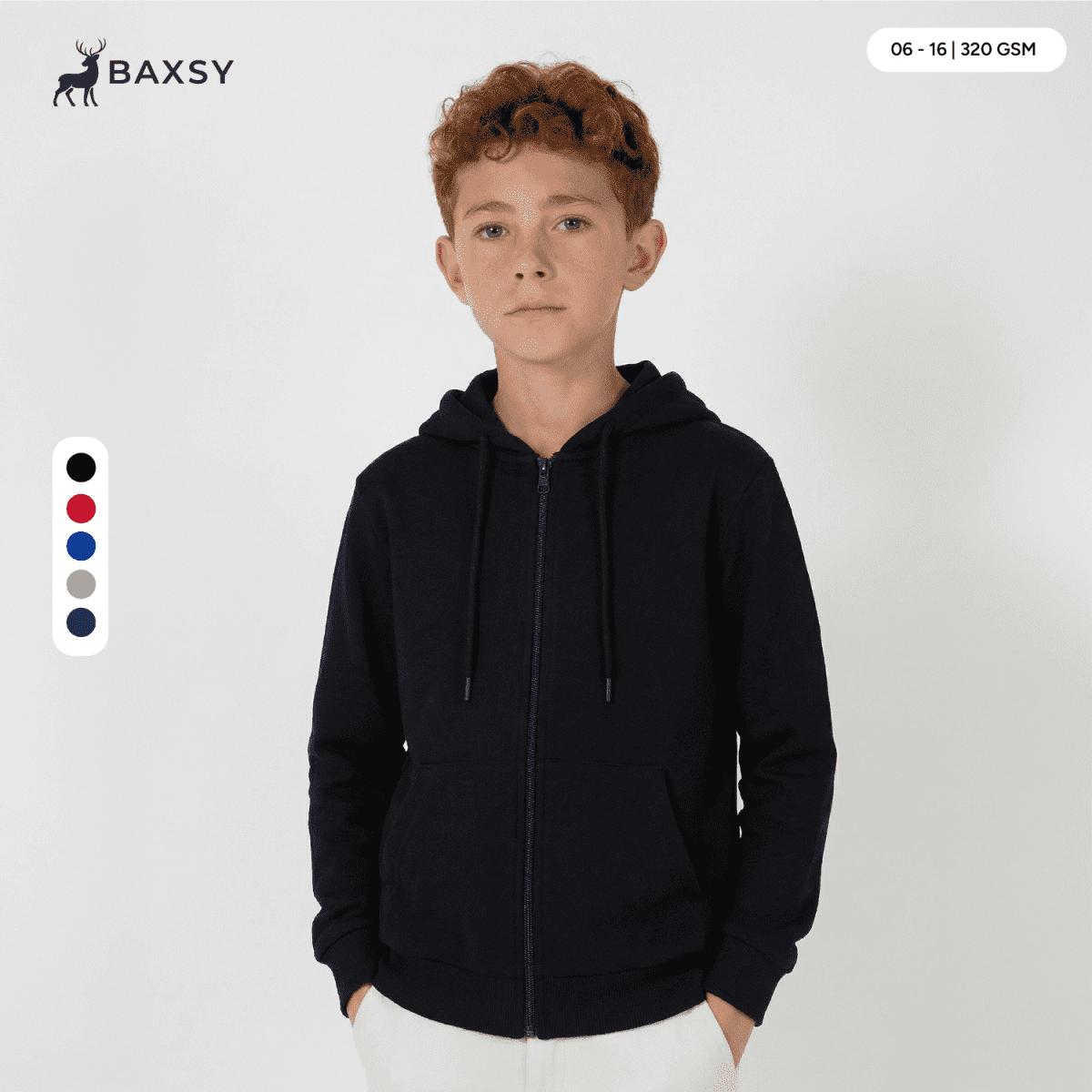 A zip hood in black with a hood, featuring a logo and various colour options available.