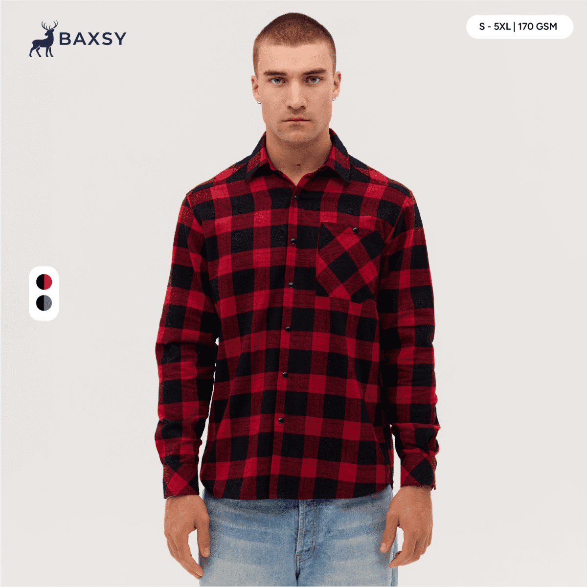 A long sleeve flannel shirt in red and black check pattern, featuring a pocket and a logo.
