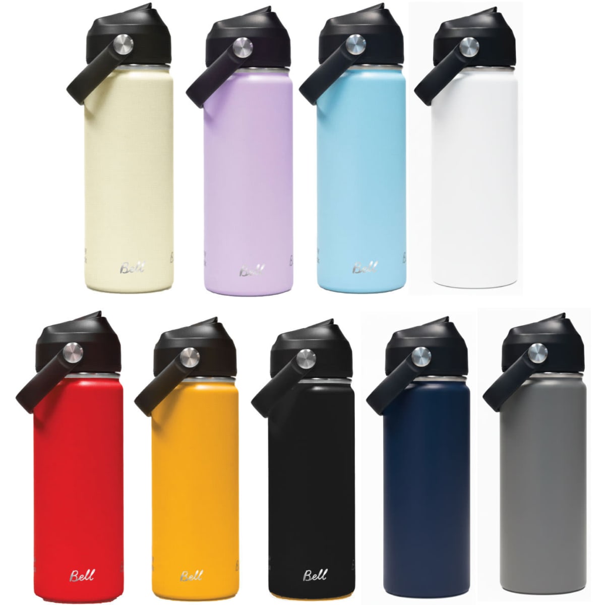 A drink bottle collection featuring a variety of colours, including red, yellow, blue, white, black, grey, purple, and cream, with carry handles.