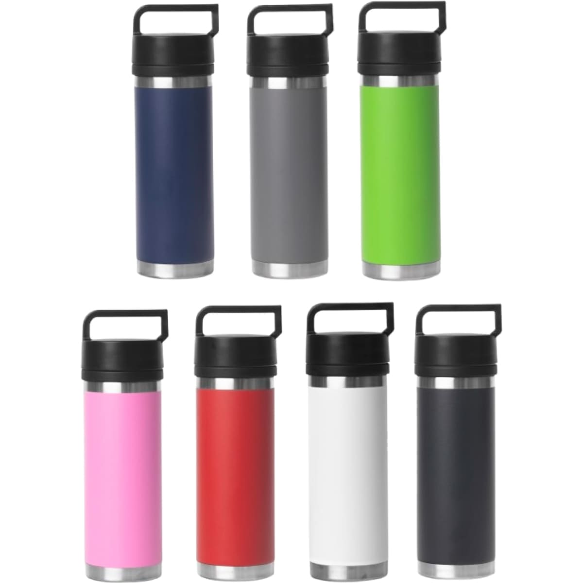 A drink bottle featuring a solid handle, available in various colours including navy, grey, green, pink, red, white, and black.
