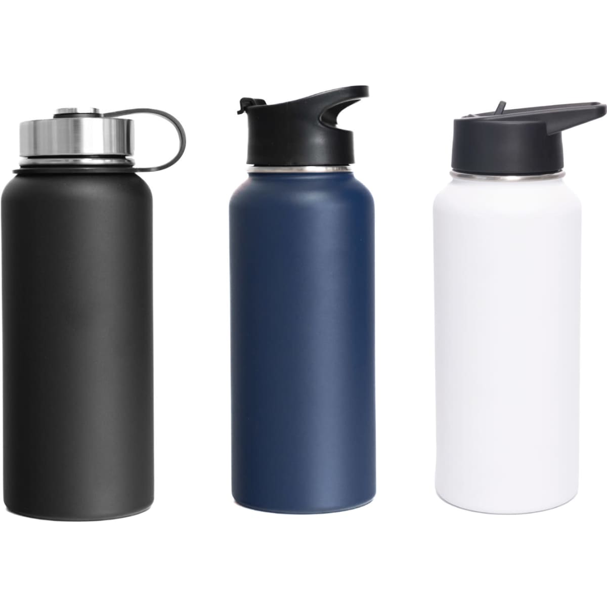 A drink bottle set featuring three 1L stainless steel options in black, navy, and white, with three different lids and a logo.