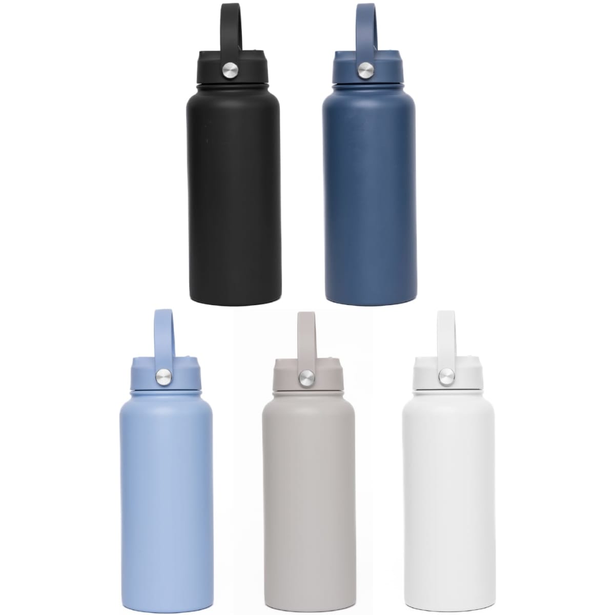 A drink bottle collection featuring five vacuum flasks in black, navy, light blue, grey, and white, each with a handle.