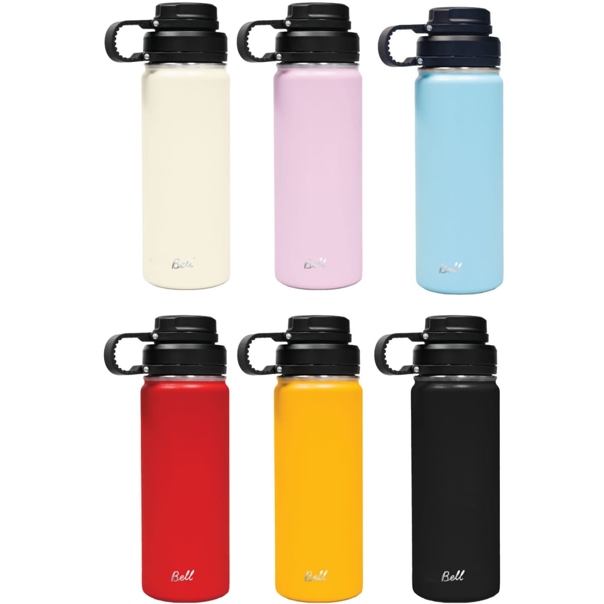 A drink bottle with an infuser lid available in six colours: cream, pink, blue, red, yellow, and black. It features a logo.