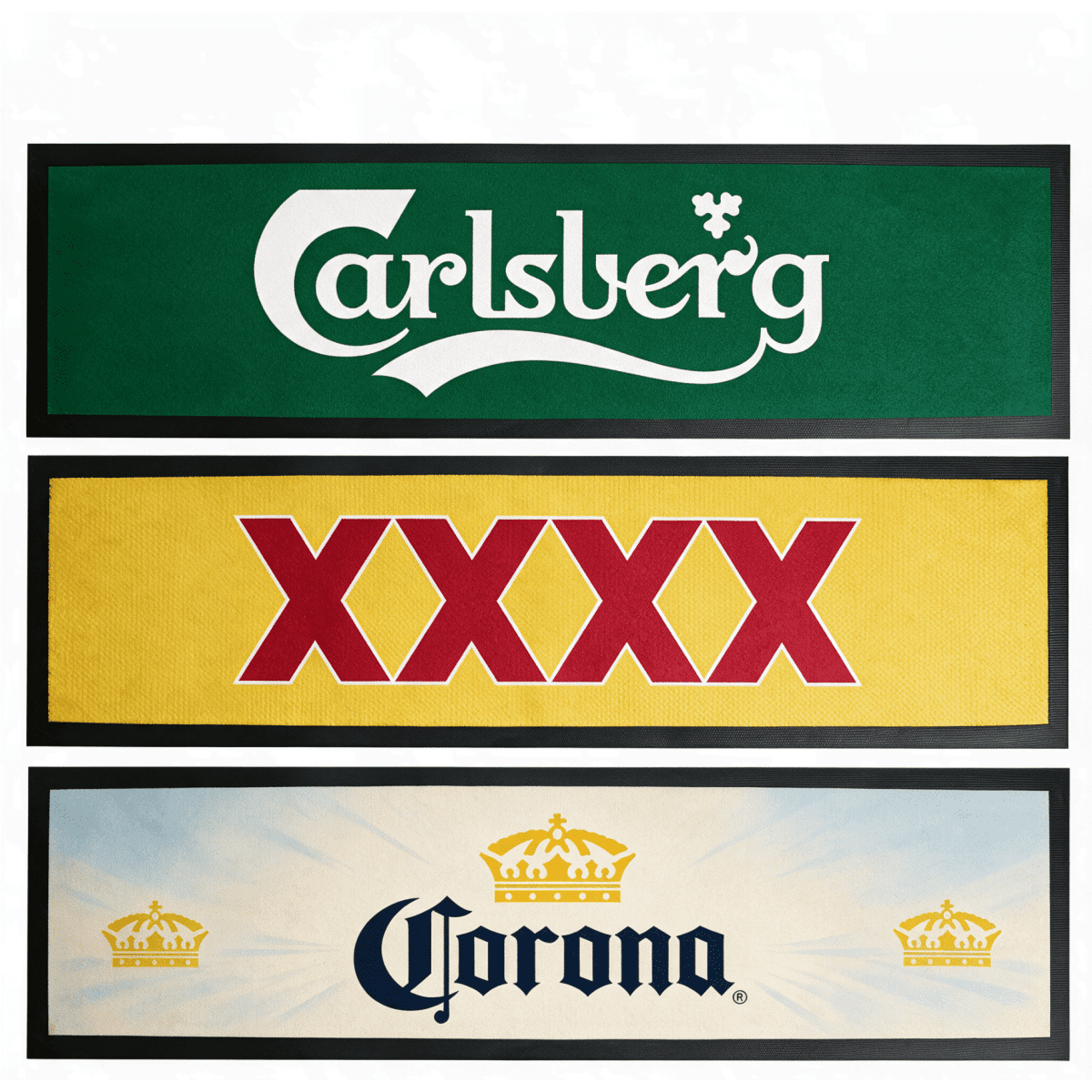 A set of three bar mats in green, yellow, and blue, featuring logos from Carlsberg, XXXX, and Corona.