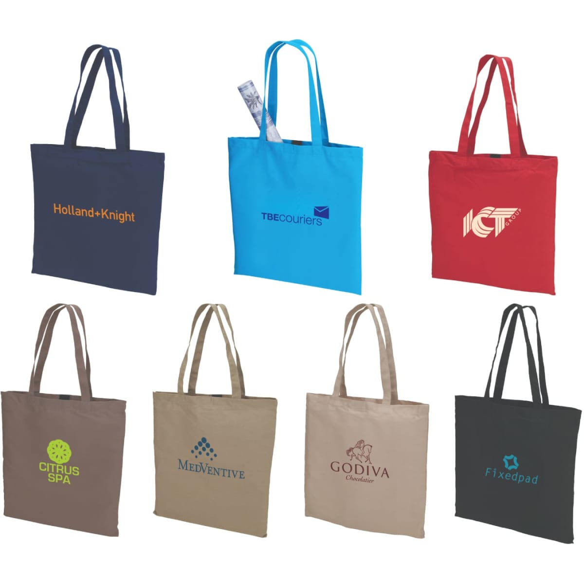 Coloured cotton tote bags in shades of red, blue, brown, and black, featuring various logos on each bag.