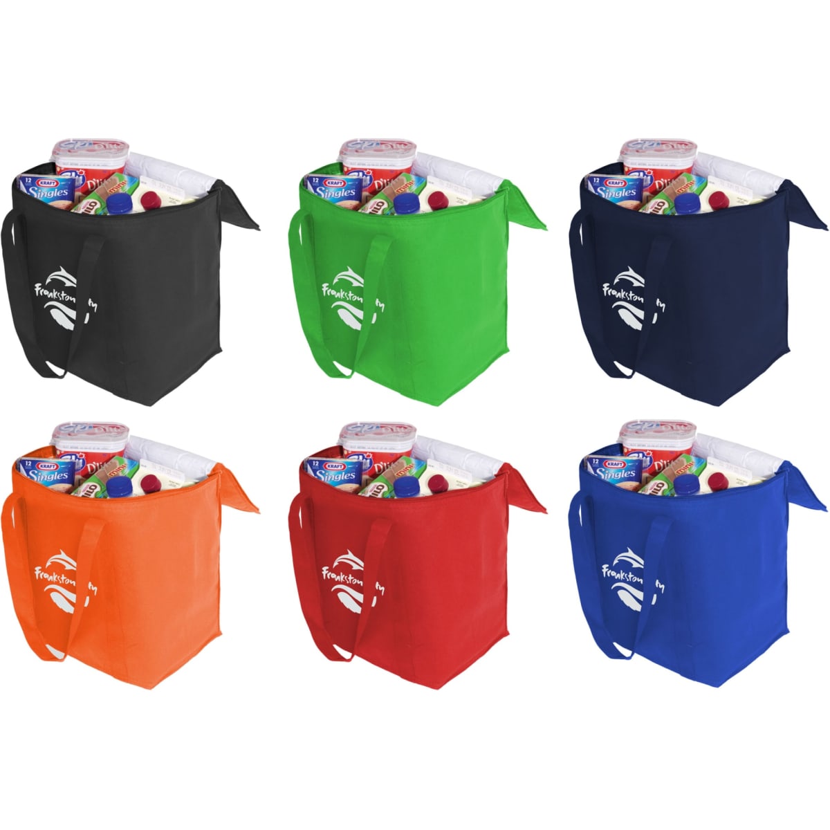 A cooler bag in black, green, orange, red, and blue, filled with snacks and drinks. Each bag has a logo.