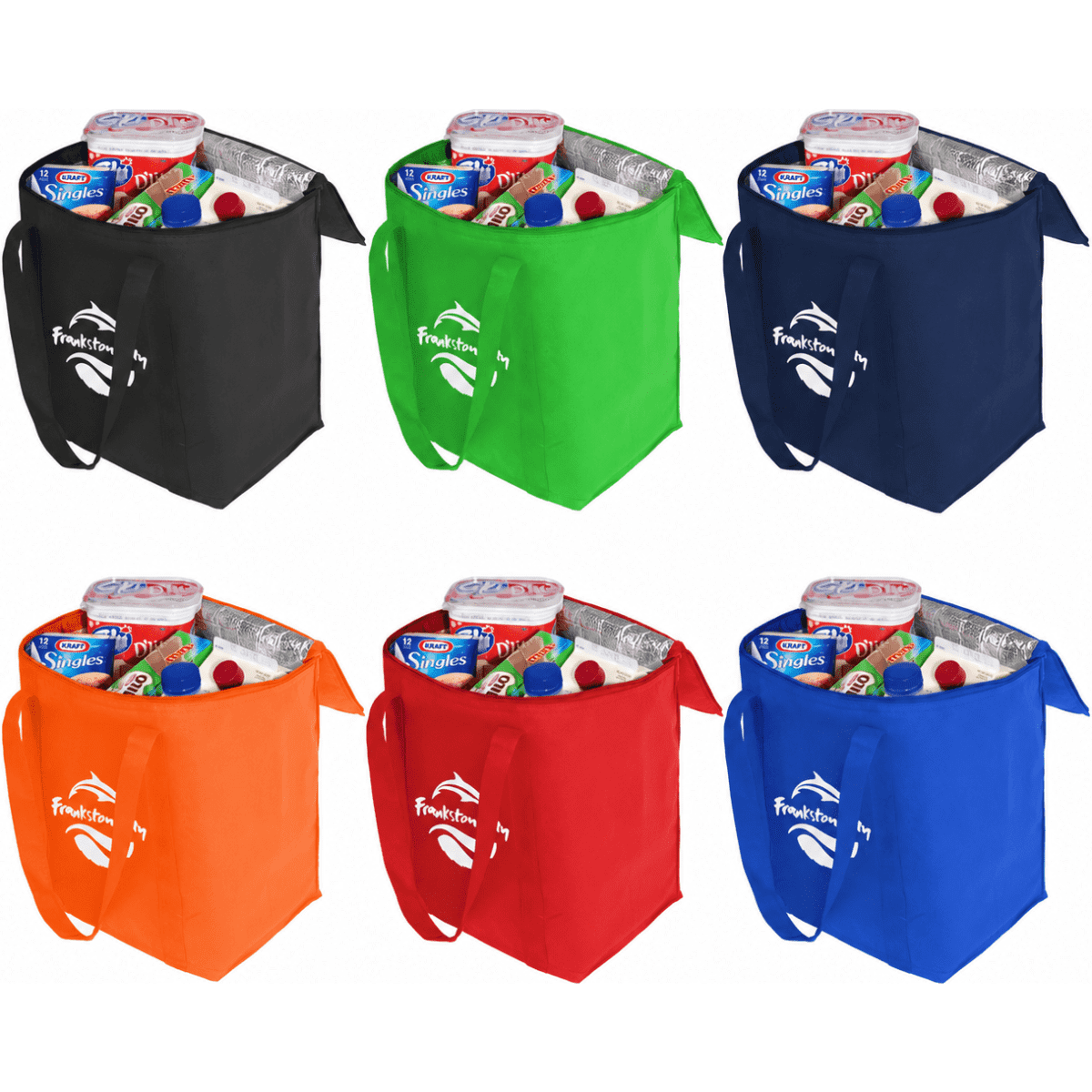 A cooler bag available in black, green, navy, orange, red, and blue, filled with drinks and snacks. Features a logo.