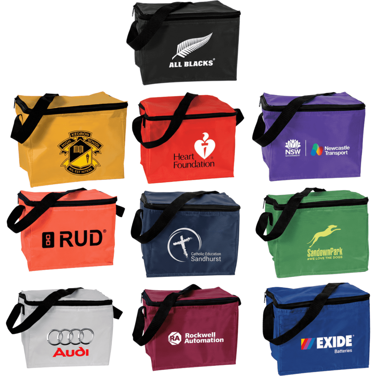A collection of cooler bags in various colours, featuring different logos and branding on each bag.