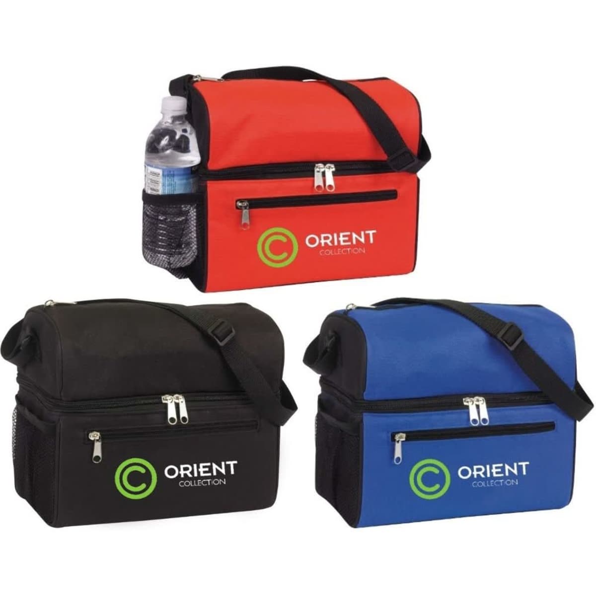 Cooler bags in red, black, and blue with a side mesh pocket for a drink bottle and featuring a logo.