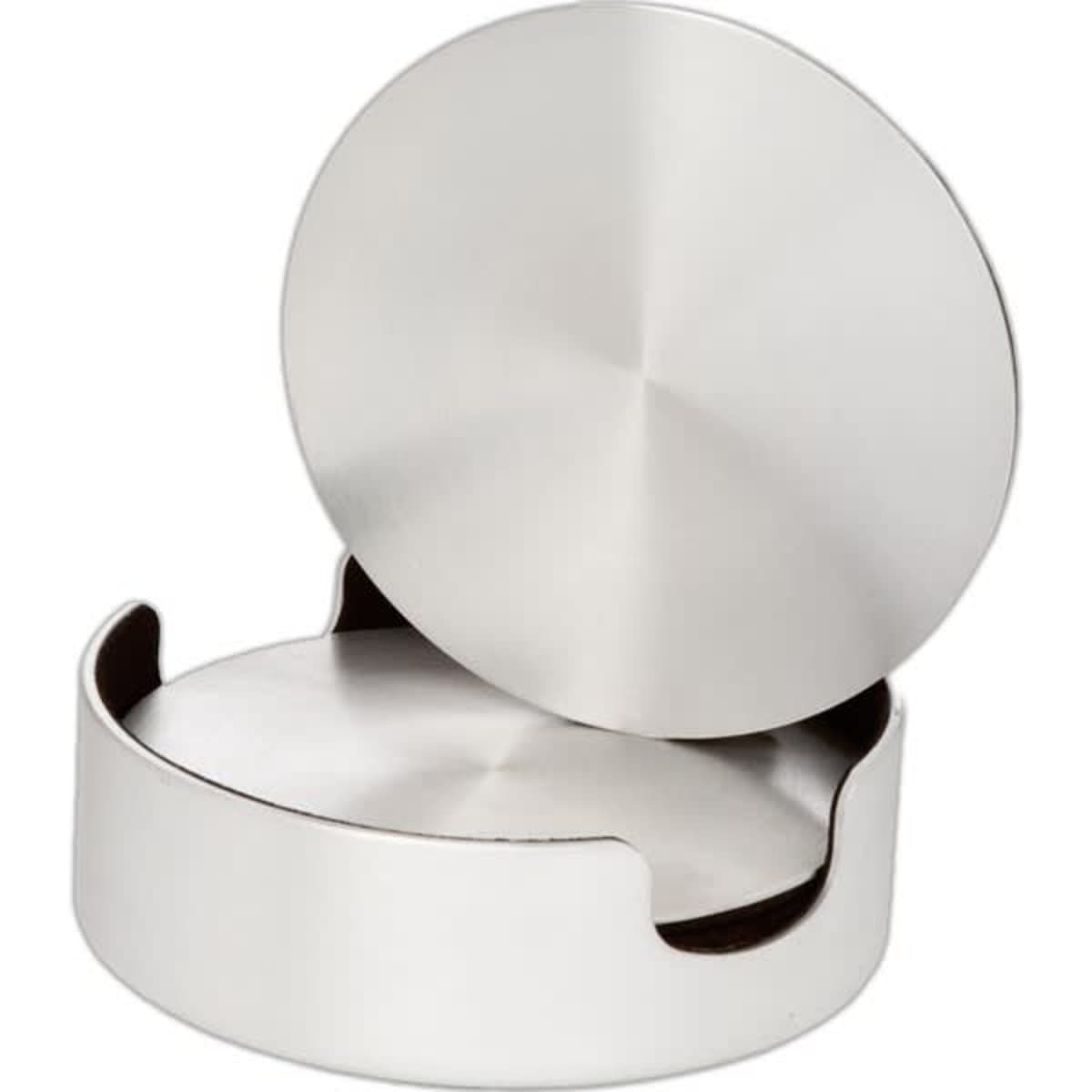 A stainless steel coaster with a sleek, shiny finish, featuring a circular design and a small opening.