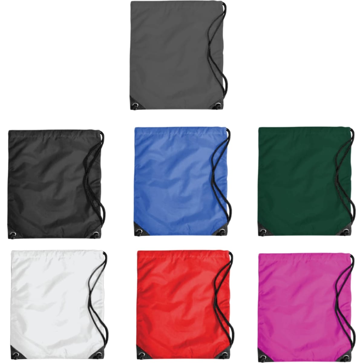 A set of Economy Duffle Bags in grey, blue, green, white, red, and pink, each with drawstring closures and branding.