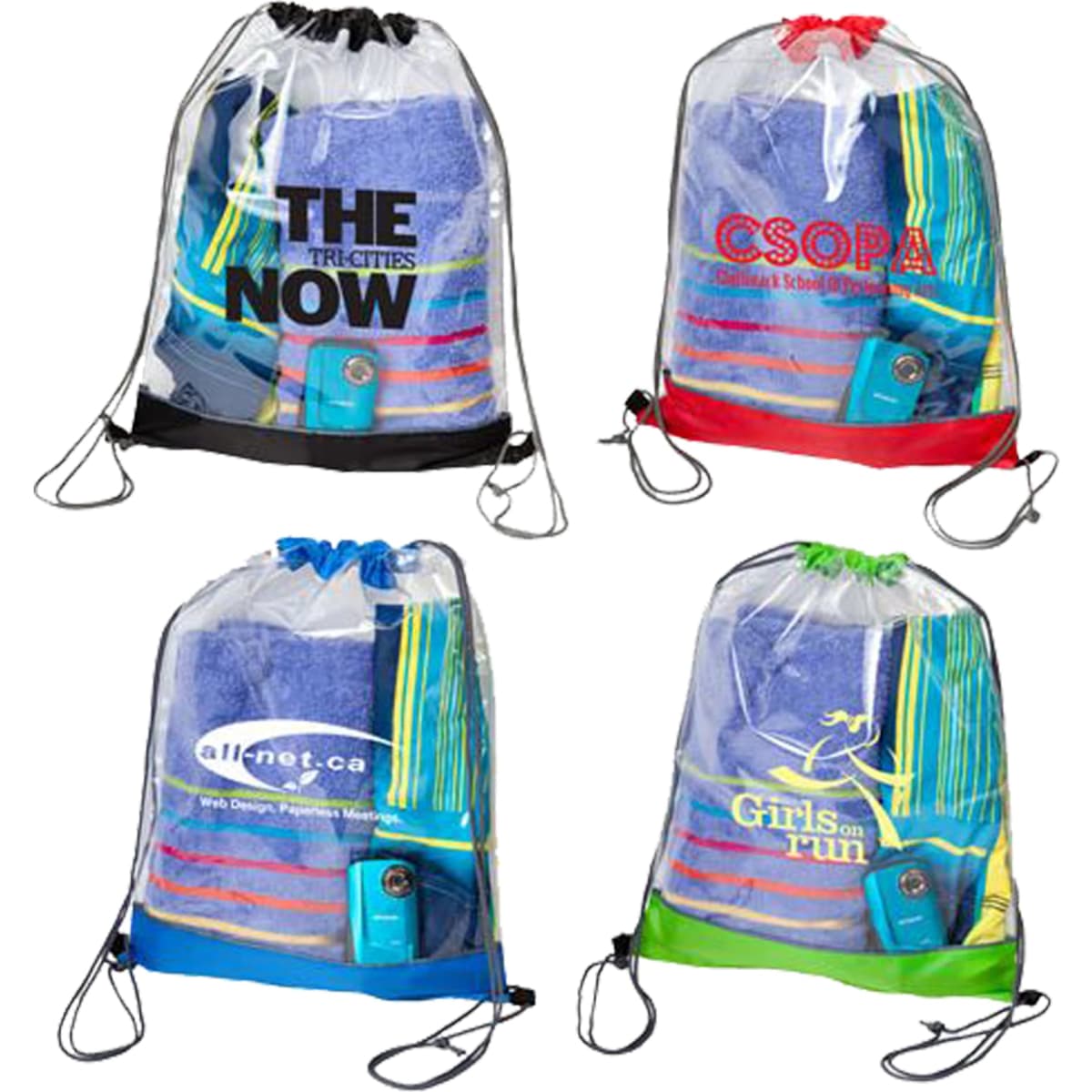 Clear PVC drawstring bags in various colours, featuring different contents and logos, including towels and a phone.