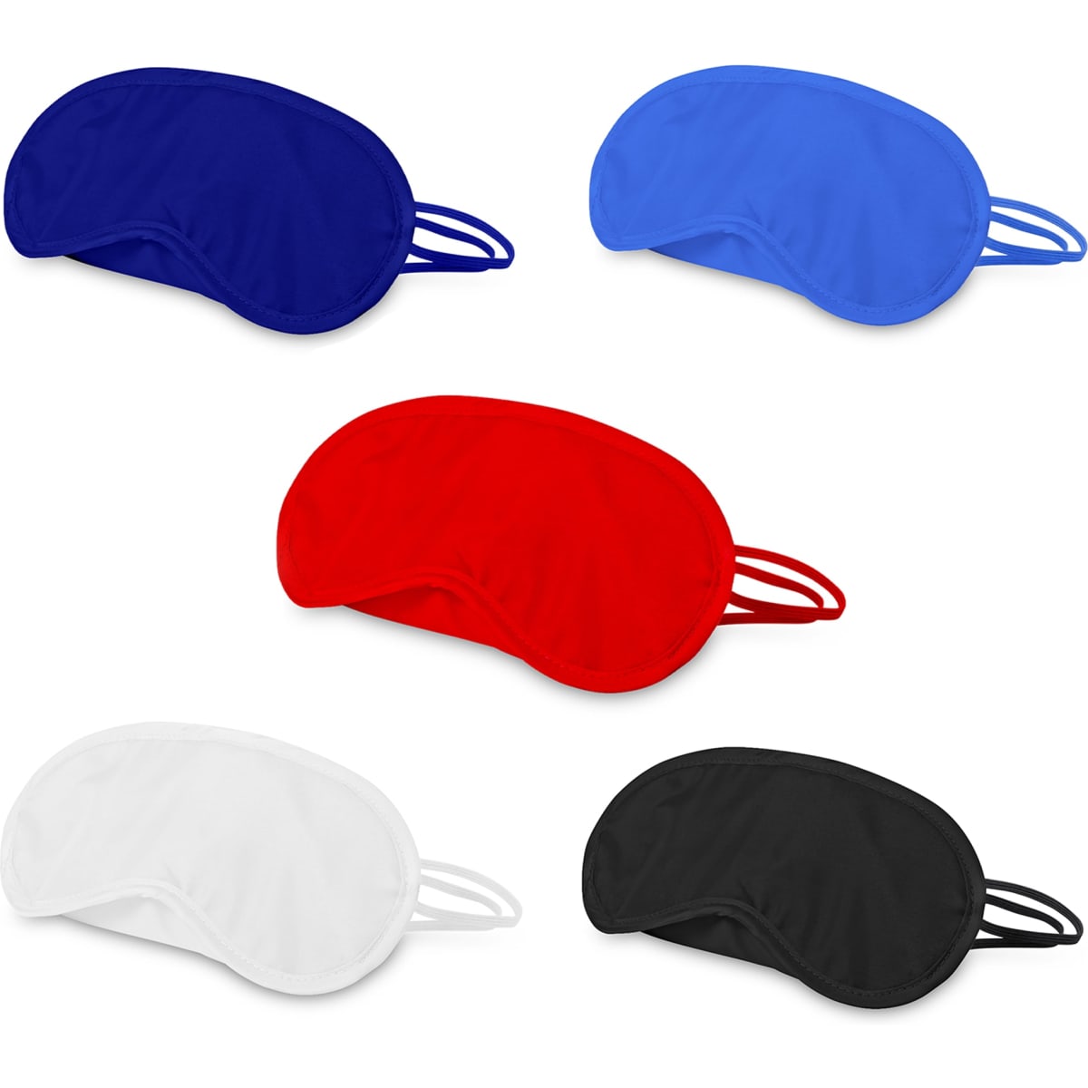 A collection of eye masks in red, blue, black, white, and a darker blue, featuring elastic straps and a logo.
