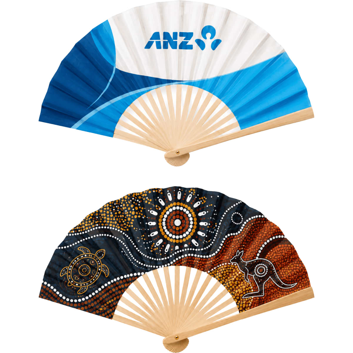 A collection of foldable fans in yellow, white, red, blue, black, and purple, featuring bamboo handles.