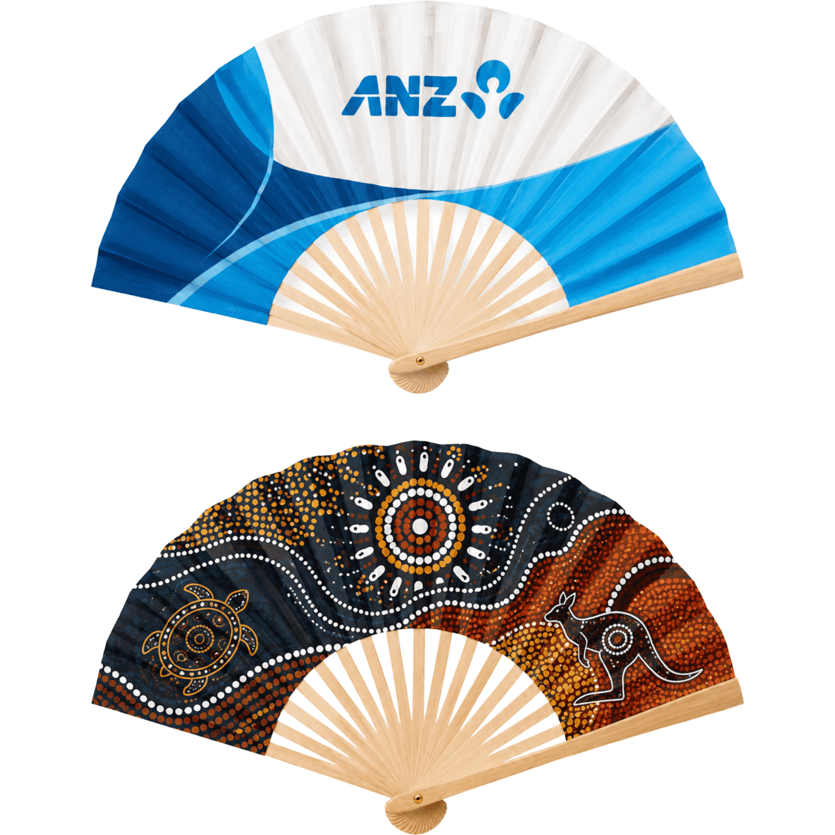 A foldable paper fan featuring blue and white designs on one side and Aboriginal art with a kangaroo on the other.