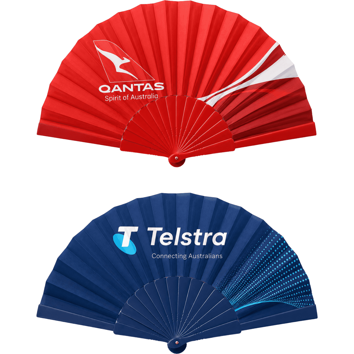 A foldable fan featuring red and blue ribs, with logos from two brands on each side.